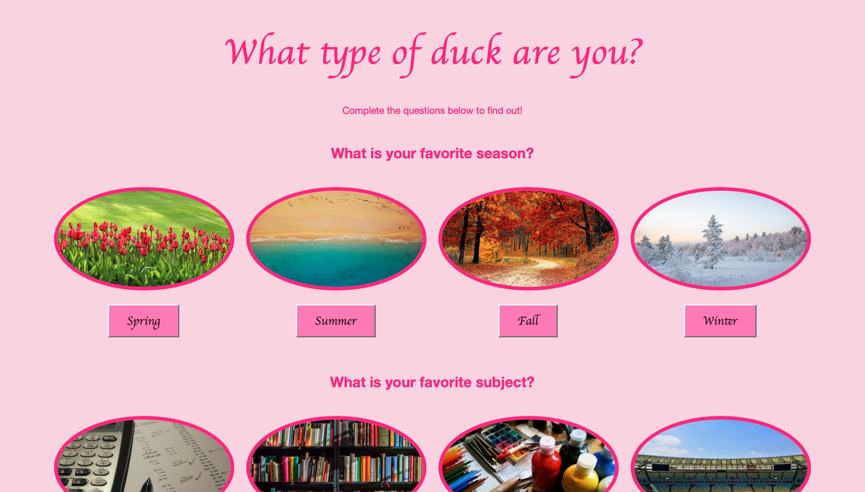 A website titled What Duck are you? with a light pink background and several questions.