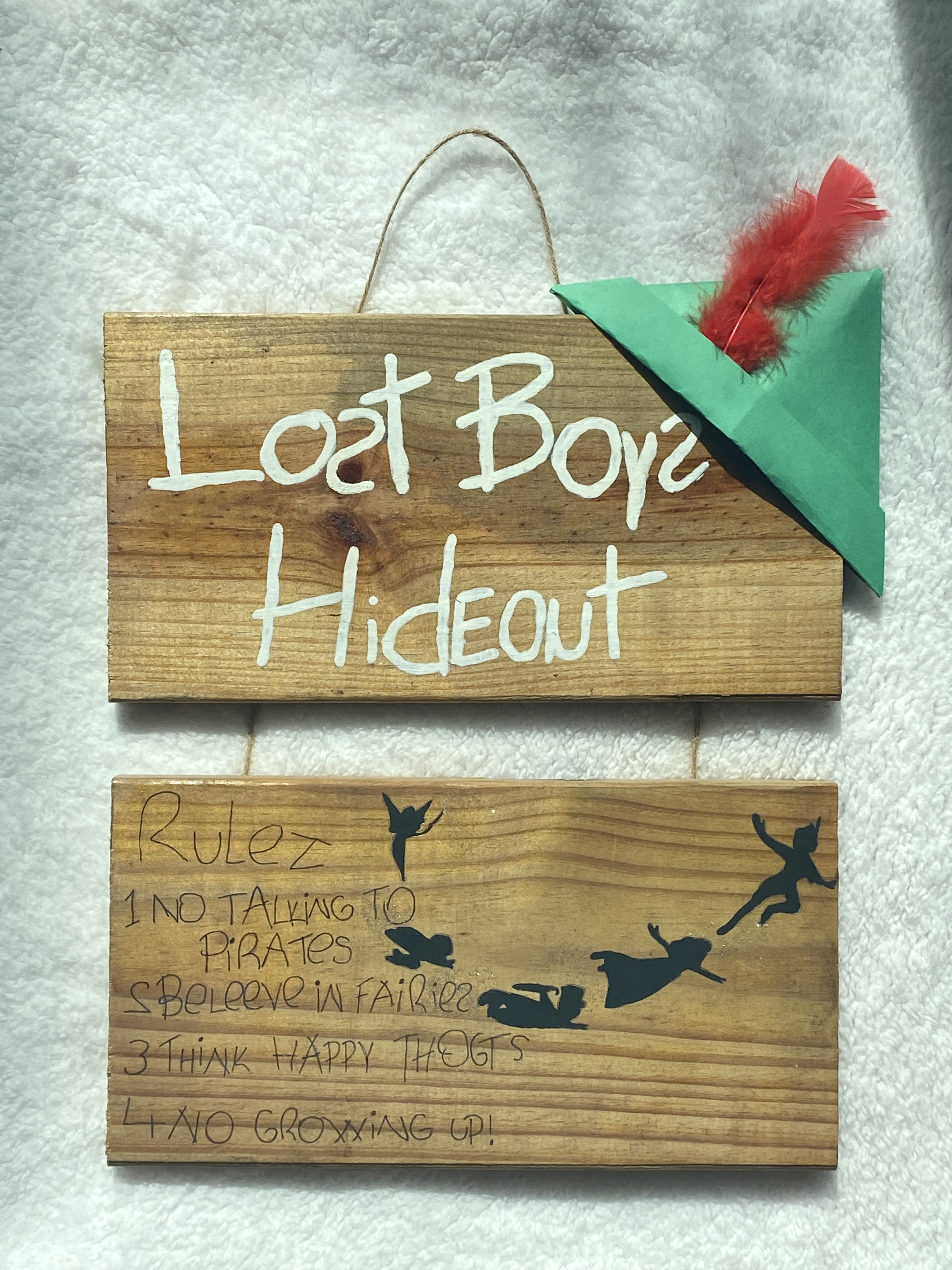Two wooden planks connected. One says Lost Boys Hideout and the other details their rules.