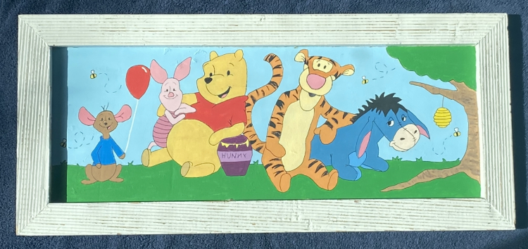Winnie the Pooh, Tigger, Eeyore, Piglet, and Roo enjoying a beautiful day.